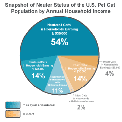 Pie graph showing 80% of owned cats are neutered, while 20% are intact, and the breakdown by income in each category